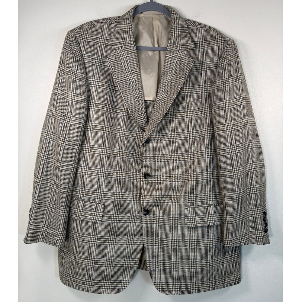 Norman Hilton Silk Linen Wool Glen Plaid Blazer Men 43R Sport Coat Tan Brwn Blu